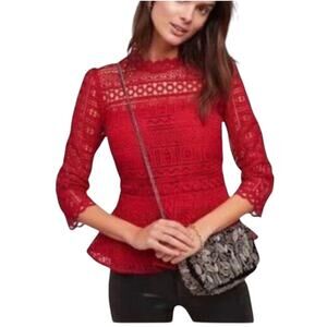Anthropologie Moulinette Soeurs Lace Peplum Top Red - 4